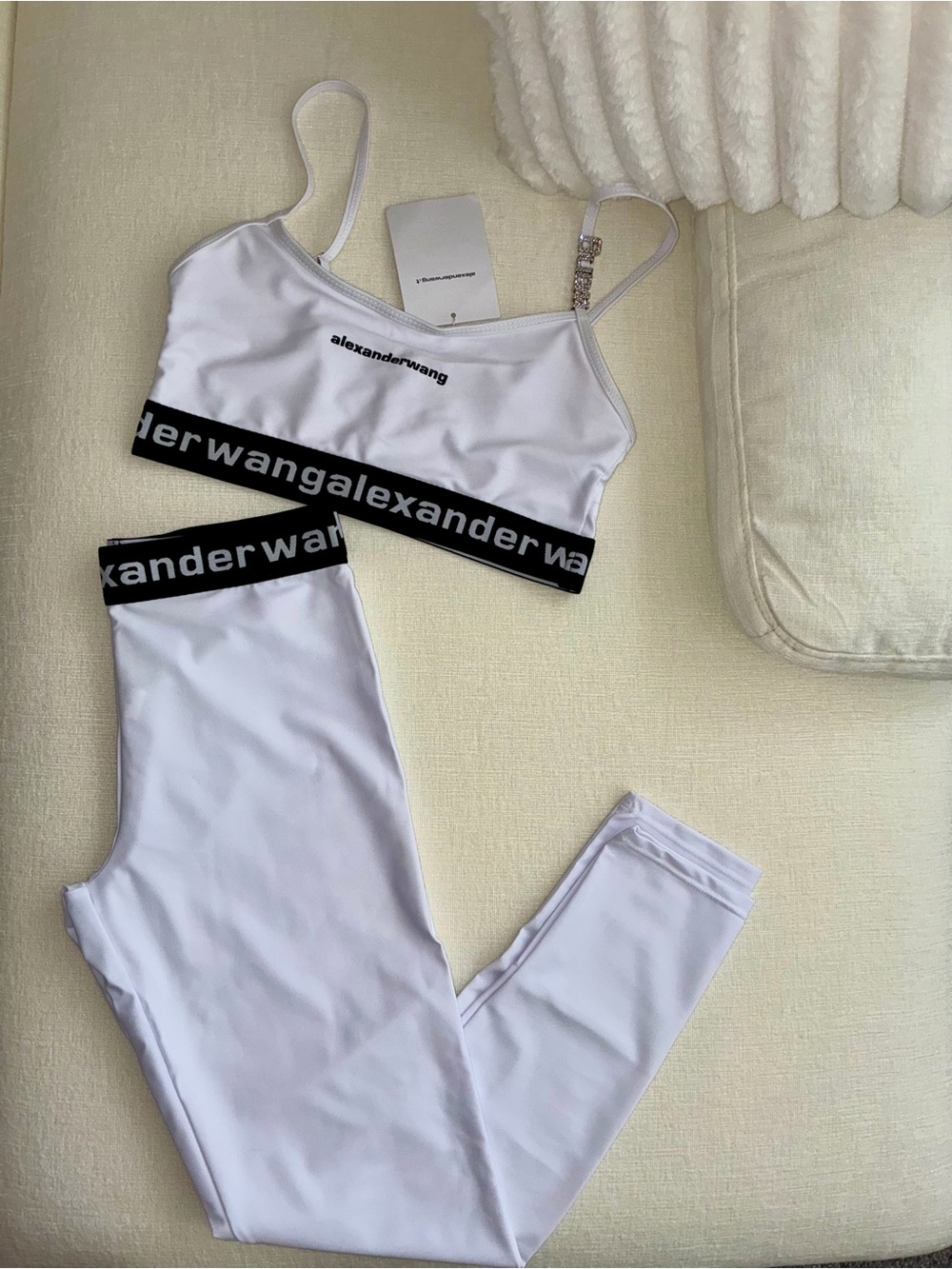 Alexander Wang White Sports Bralette and Leggings with Black Logo Band